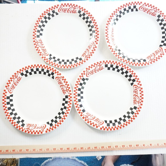 VTG Coca-Cola Gibson Dinner Plates Set 4 Checkerboard Border Collectible Dishes - Picture 1 of 11